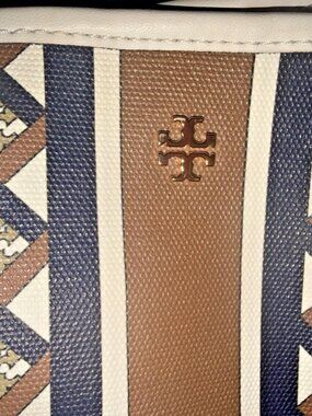 Tory Burch Navy, Brown and Ivory Striped Geo Link Tote with Gold Logo Accent